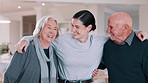 Senior, man and woman with daughter, hug and laughing in living room of home for reunion with love. Family, parents or girl child with embrace, happiness or bonding in lounge of home for relationship