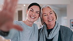 Woman, senior mom and selfie with face, smile and bonding with love, care and post on web blog in family house. Photography, mother and daughter with memory, profile picture and happy on social media