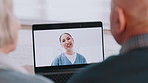 Video call, laptop and doctor with senior couple for healthcare support, virtual advice and telehealth service. Medical woman or nurse talking to elderly patient on computer screen for home questions