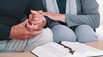 Senior couple, bible study and rosary with hands, god and worship for religion, spiritual and church. Christian, faith and education for christ, believe and respect for scripture, prayer and support
