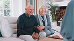 Senior, couple and woman consultation in home for retirement budget planning, asset management or paperwork. Old people, smile and talking for pension fund for relax peace, mortgage or finance chat