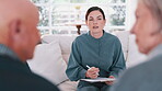 Retirement, finance and an agent talking to an old couple about money, budget or investment planning. Documents, financial or savings with a young broker speaking to a senior man and woman at home