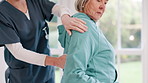 Woman, nurse and senior patient with shoulder injury, physiotherapy or sore muscle at old age home. Closeup of therapist or doctor helping mature female person with joint pain in therapy at house