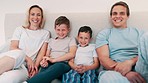 Face, home and family with happiness, bedroom and relax with weekend break, bonding together and peace. Portrait, happy parents and mother with father, children and boys on a bed, cheerful and calm