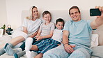 Happy family, selfie and smile in bedroom for love, profile picture and memory on bed of home or apartment. People, parents and children with phone or happiness for bonding, morning and care in house