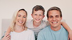 Happy family, face and smile in bedroom for love, profile picture and memory on bed of home or apartment. People, parents and boy child portrait with happiness for bonding, morning and care in house