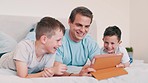 Father, children and laugh with tablet in bedroom for games, elearning and reading ebook at home. Happy, dad and boy kids watching funny cartoon together, streaming digital multimedia or subscription