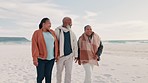 Beach, walking and family bonding together at tropical vacation, holiday or weekend trip. Adventure, love and young black woman with senior parents having fun on the sand by the ocean or sea.