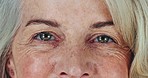 Closeup, eyes and senior woman with skincare, face and shine with beauty, contact lens and eyebrow routine. Portrait, elderly person and old model with clear vision, microblading results or optometry