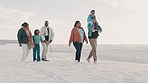 Grandparents, parents and kids walking on beach for family bonding, travel and relax in nature. Grandma, grandpa and mom, dad and children holding hands by ocean on holiday, vacation and adventure