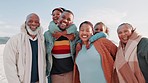 Beach, black family and grandparents, parents and kids for bonding, travel and relax in nature. Happy grandma, grandpa and portrait of mom, dad and children by ocean on holiday, vacation or adventure