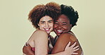 Beauty, diversity face and happy women hug, different and care for skincare, body positivity or inclusivity. Woman empowerment, portrait or friends support, embrace or inclusion on studio background