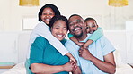 Dad, mom or portrait of happy kids in bedroom for support or care at home with smile, hug or love. Morning, black family or face of proud parents with African children siblings, mother or father