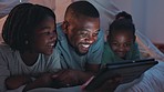 Bed, night and girls with father, tablet and happiness with cartoon, home and laughing with connection. Black family, parent and dad with children, humor and kids with technology, relax and internet