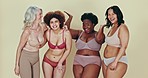 Body positive, diversity group and women excited, happy and together for underwear, natural beauty and confidence. Woman empowerment campaign, different size and portrait friends on studio background