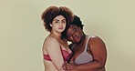 Beauty, underwear friends and women hug, solidarity and care for wellness, body positivity support or trust. Diversity portrait, lingerie and people hugging, relax or inclusion on studio background