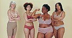 Beauty, diversity and women portrait with arms crossed for pride mindset, strong and studio background. Community, people or self love for confident in lingerie, feminism and body positivity mockup
