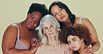 Beauty, diversity and women in portrait to support friends, together and elderly woman care on studio background. Group, love or gender equality, body positivity or feminine wellness in relax mockup
