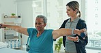 Physiotherapy, dumbbell and senior woman doing arm exercise, anatomy healing or rehabilitation training routine. Physiotherapist, progress assessment test and support senior client with joint workout