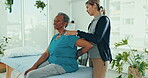 Physical therapy consultation, spine and senior woman check spine recover, osteoporosis healing or chiropractic rehabilitation. Physiotherapist, clinic support and chiropractor examine senior client