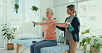 Physical therapy, stretching band or old woman doing arm exercise, recovery workout or healing client joint pain, injury or arthritis. Physiotherapy, elderly health support and test patient progress