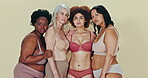 Body positivity, lingerie group and women solidarity, pride and support diversity shape, equality or fashion inclusivity. Studio community friends, underwear and woman empowerment on green background