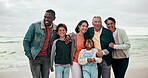 Big family, face or happy on beach with love, travel and bonding on vacation, holiday or adventure by ocean. Interracial, parents or kids with grandparents at sea for experience, relationship or care