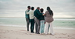 Beach, grandparents and back of parents with kids for bonding, relationship and relax in nature. Family, travel and seniors with mom, dad and children by ocean on holiday, vacation and adventure