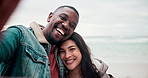 Beach, selfie and face of happy couple in nature with love, hug and support, care or bond. Portrait, smile and people at the sea for travel, freedom or romantic profile picture, memory or photography