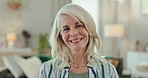 Happy, relax and face of senior woman in retirement home with cheerful, joy and smile in house. Laughing, living room and portrait of elderly person with confidence, calm and happiness in morning