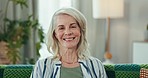 Happy, sofa and face of senior woman in retirement home with cheerful, joy and smile in house. Laughing, living room and portrait of elderly person with confidence, relax and wellness in morning