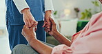 Nurse, senior woman and holding hands for comfort, empathy and hope after cancer. Caregiver, elderly patient and support closeup for kindness, medical help and trust, healthcare and encourage in home