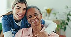 Portrait, old woman in wheelchair and nurse with smile, support and advice for healthcare in home. Homecare, elderly patient and happy caregiver in living room for consultation, help and senior care.