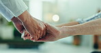 Nurse, elderly woman and holding hands for support, empathy and hope after cancer. Caregiver, senior patient and comfort closeup for kindness, medical help and trust, healthcare and rehabilitation