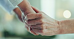 Caregiver, senior woman and holding hands for support, empathy and hope after cancer. Nurse, elderly patient and comfort closeup for kindness, medical help and trust, healthcare and rehabilitation