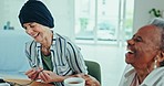 Friends, laugh and senior women in nursing home with tea for bonding, social visit and conversation. Crochet, retirement and group of people in living room for talking, happiness and relax together