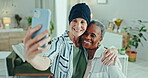 Selfie, senior women or hug with smile on face for profile picture, social media update or happy in living room. Elderly friends, diversity or care portrait with support in retirement, relax or home