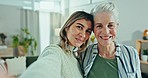 Face, selfie and woman with senior mother in a living room with memory, moment or bond. Portrait, profile picture and female person with old mom in a living room smile for social media, blog or post