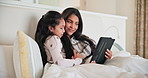 Mother, child and girl with tablet in bedroom for online games, download multimedia and reading ebook story. Happy mom, kid and digital technology for elearning, streaming cartoon and movies at home 