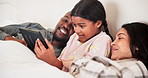 Parents, girl and kid with tablet in bedroom for online games, download multimedia and reading ebook. Mom, dad and child in interracial family with digital tech, streaming cartoon and movies in home 