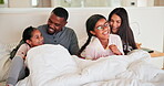 Funny, family and kids in bedroom, tickle and play, bonding and happy together in the morning in home. Laughing children, mother and father in bed, smile and care of interracial parents in blanket