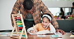 Home school father, notebook or child writing homework notes, practice lesson and learning information. Support, conversation or family dad teaching youth kid math, education or student knowledge