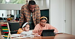 Home school father, tablet or children learning, typing web search or check online elearning homework. Family dad help, support and kids research youth project, remote education or student knowledge