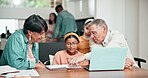 Grandparents, explaining or education by laptop in living room, communication or lesson with care. Senior people, girl or technology for questions, pointing or understanding school subject in house