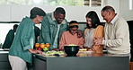 Happy family, cooking lesson or child in kitchen, generations or communication with cheering to relax and care. Grandparents, girl and parents with nutrition, guidance and teach healthy food in home