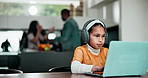 Homework, parents argue and child on laptop in home for education, elearning and online lesson. School, family and upset mom and dad with girl on computer for studying and development in living room