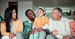 Big family, child and talking on sofa for happy connection reunion, daughter development or knowledge. Interracial people, grandparents and discussion on couch or support love, happy or communication