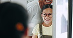 Mirror, child and choice for glasses, smile and eye care for healthcare, reflection and decision for eyewear. Happy girl, medicare and excited for frame, optometry and consulting or wellness vision