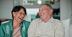 Home, relax and senior couple laughing at funny joke, retirement or comedy conversation, discussion or chat. Happiness, marriage partner and elderly woman, old man or bonding people relax together