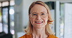 Optometry, spectacles and face of senior woman in a clinic for vision, eye care or health with positive attitude. Happy, smile and portrait of female person from Mexico with glasses in optical store.